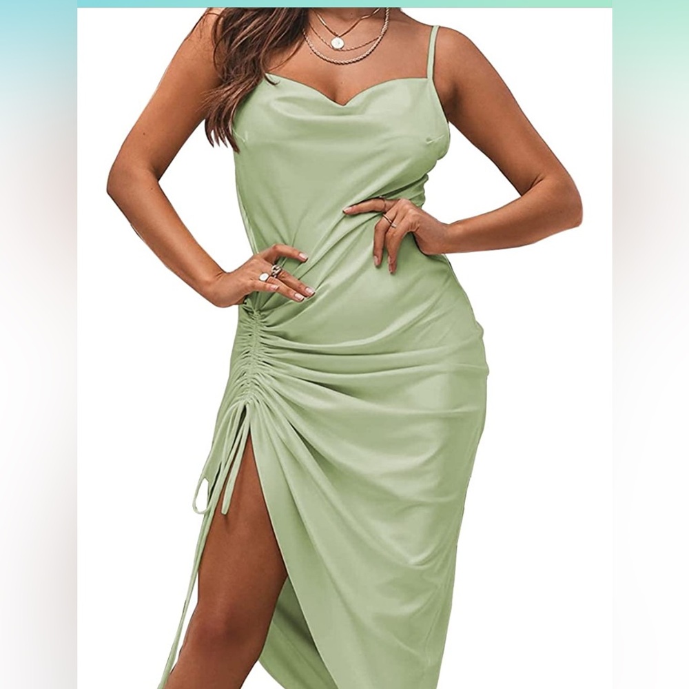 Green Satin Dress Scrunch Dress